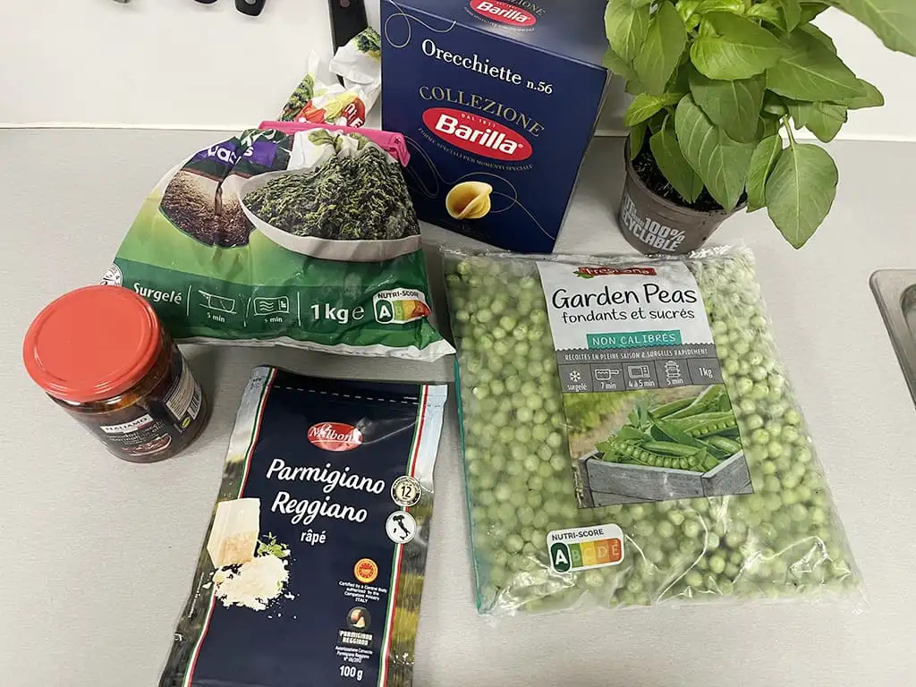Orecchiette épinards et petits pois ingrédients