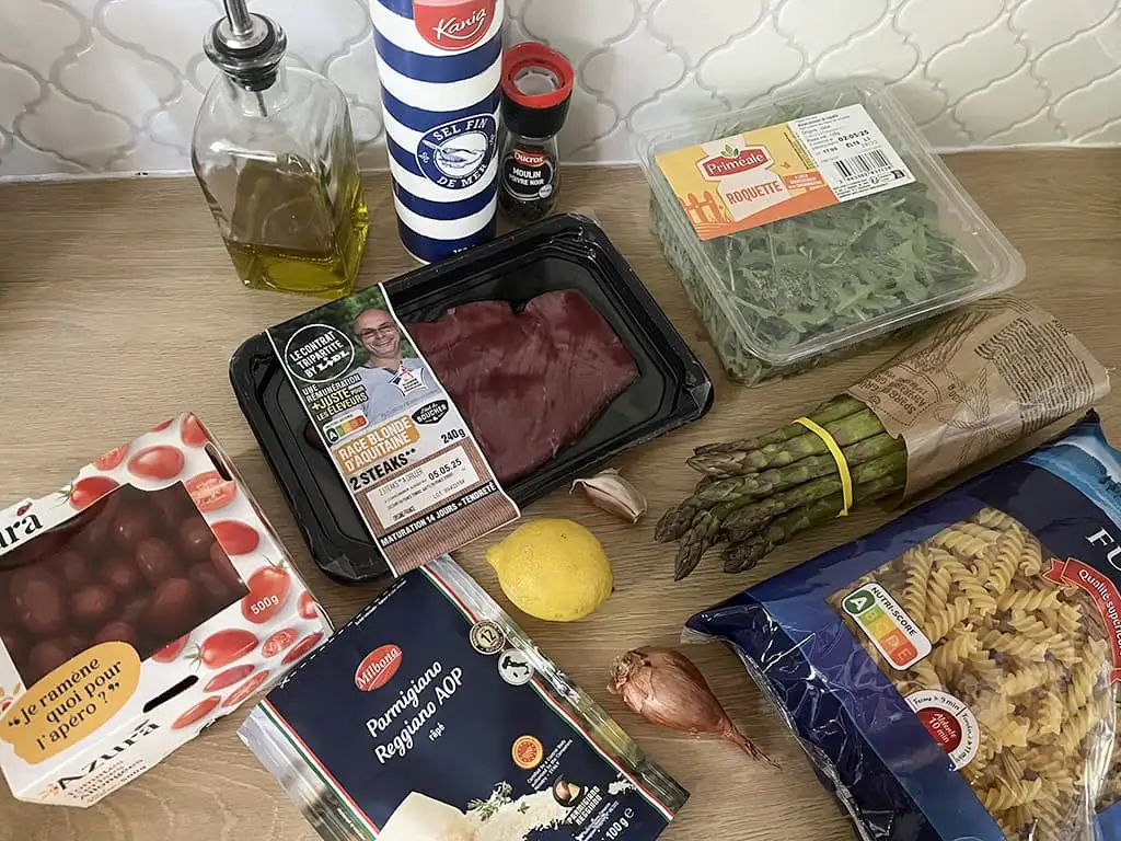 Fusilli au steak et asperges vertes ingrédients