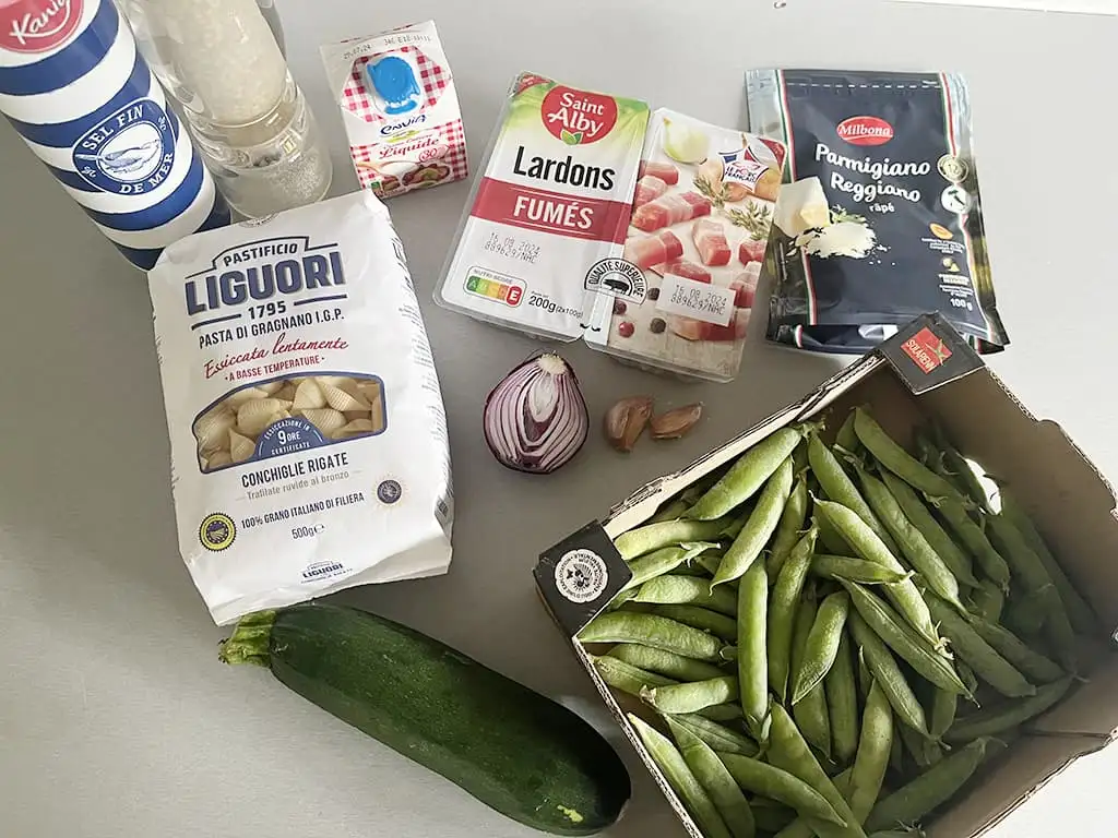 Pâtes crémeuses aux pois ingrédients