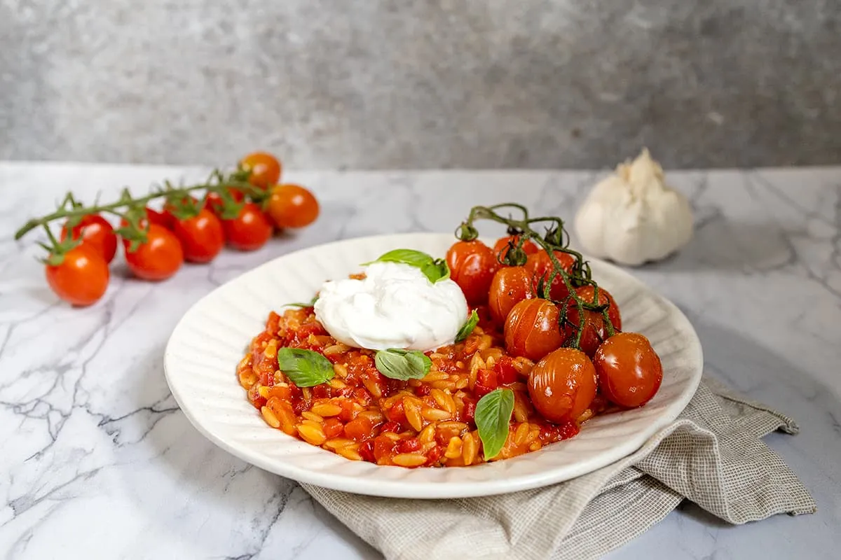 Orzo au poivron avec burrata - orzo crémeux aux herbes