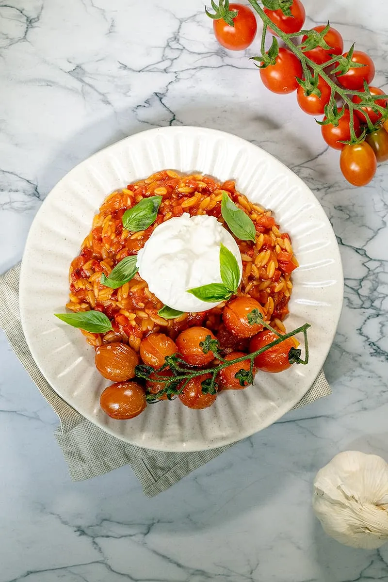 Orzo au poivron avec burrata - orzo crémeux aux herbes